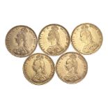 BRITISH COMMONWEALTH: AUSTRALIA. Victoria, 1837-1901. Sovereign, 1887 S, Sydney, 5-coin lot. 40.00