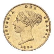 GREAT BRITAIN. Victoria, 1837-1901. Half-Sovereign, 1853, London, 3.99 g. Fr-389b; KM-735.1; Marsh-