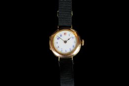 LADIES 9CT TRENCH WATCH .white dial black hands, blue and red markers,20mm gold case, snap back,
