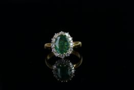 14ct Yellow Gold Emerald and Diamond ring featuring centre, oval cut, dark green Emerald (1.90ct),