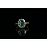 14ct Yellow Gold Emerald and Diamond ring featuring centre, oval cut, dark green Emerald (1.90ct),