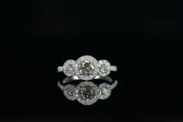 14ct White Gold Diamond trilogy halo ring featuring centre, one round brilliant cut Diamond (0.