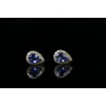 14ct Yellow Gold Sapphire and Diamond earrings featuring centre, 2 pear cut, medium blue Sapphire (