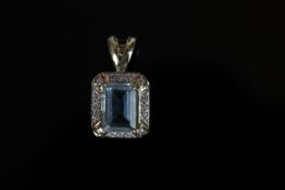 9ct Yellow Gold Aquamarine and Diamond pendant featuring centre emerald cut Aquamarine (2.50ct),