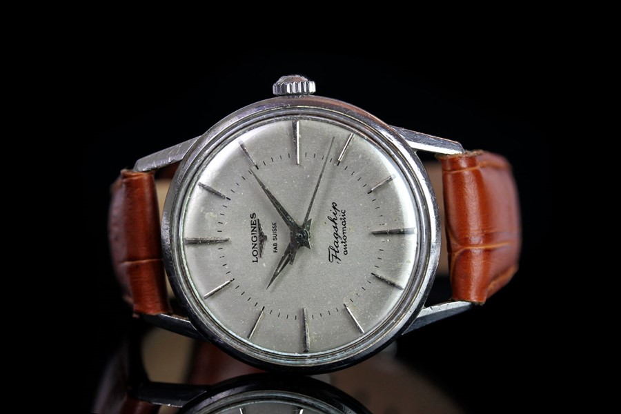 GENTLEMENS LONGINES FLAGSHIP AUTOMATIC 'FAB SUISSE' DIAL WRISTWATCH, circular off white dial with