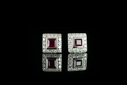 14CT WHITE GOLD RUBY AND DIAMOND STUD EARRINGS, centre stones estimated at 2.5 x 2.5mm , not