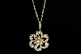 9CT PENDANT/BROOCH SET WITH SEED PEARLS,45cm curb chain, total weight 7 gms.