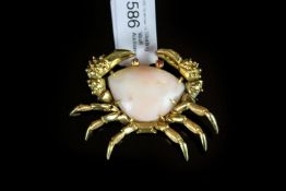 Vintage 18ct Coral crab brooch, Coral body with Ruby set eyes gold work claws and legs with textured