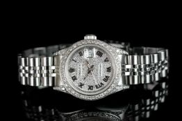 LADIES ROLEX DATEJUST DIAMOND SET WRISTWATCH REF. 69173, circular pave set diamond dial with black