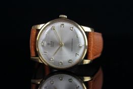 GENTLEMENS TUDOR ROYAL 9CT GOLD WRISTWATCH, circular silver dial with gold arabic numerals and