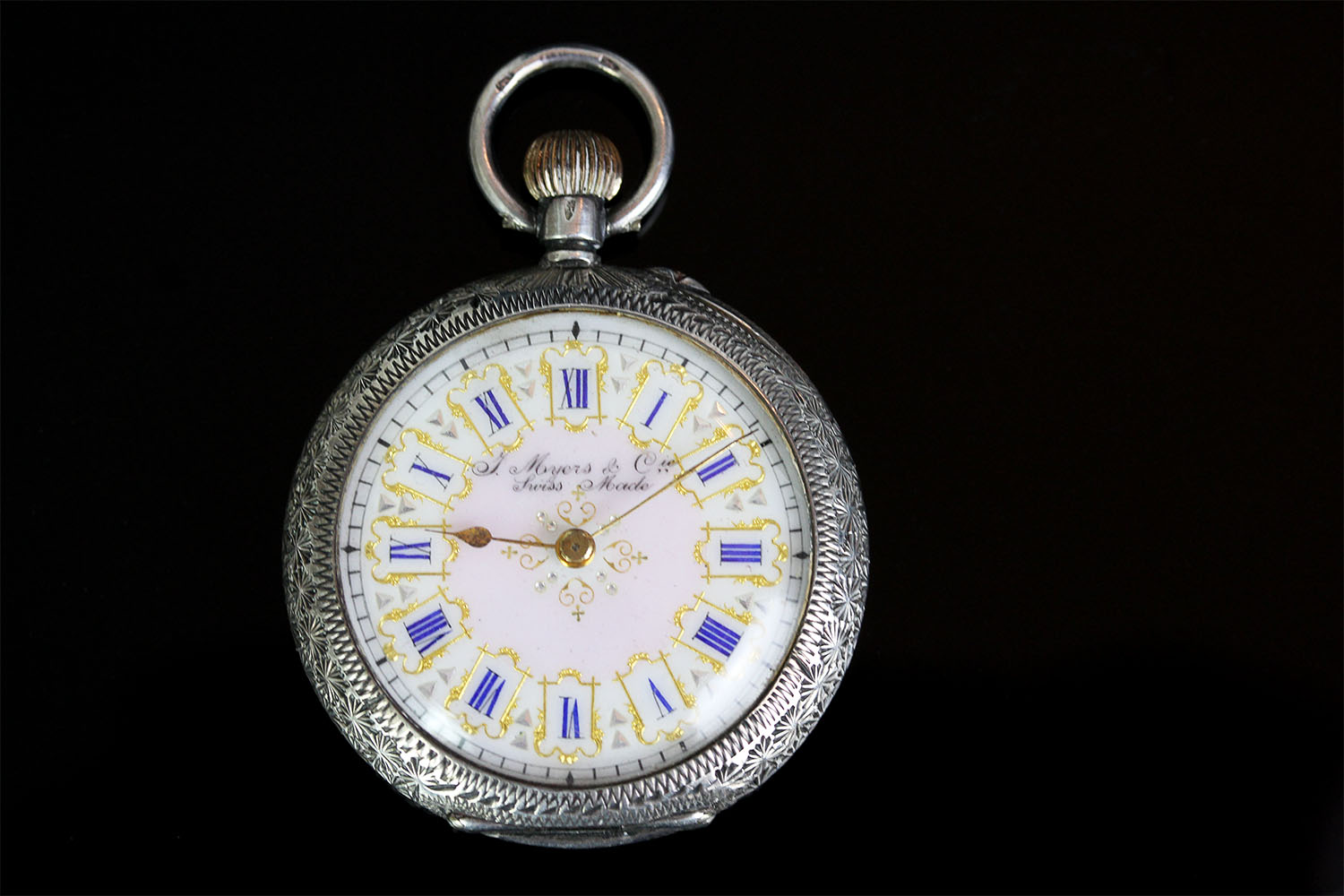 SILVER OPEN POCKET WATCH MADE BY L. MYERS AND CO, SWISS MADE,round, white dial with gold hands, blue