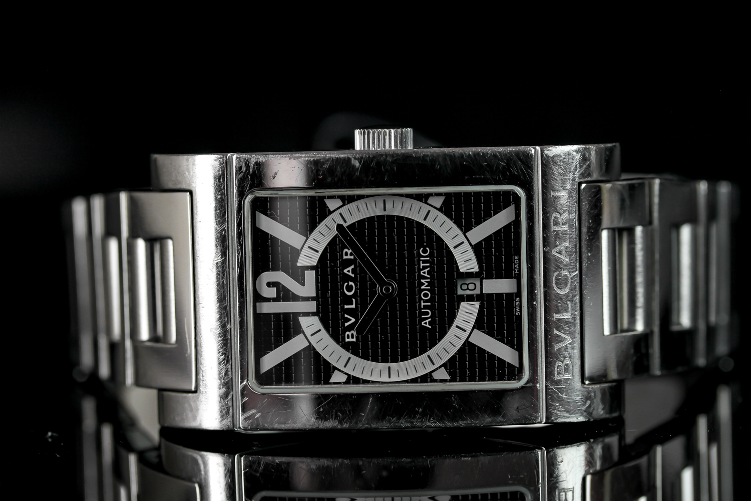 GENTLEMEN'S BVLGARI AUTOMATIC DATE WRISTWATCH W/ PAPERS, rectangular black and silver dial with - Image 2 of 5