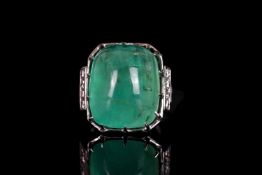 37ct Cabochon Cut Emerald and Diamond ring, central large Emerald Cabochon, 21.3x17.6x11.3mm,