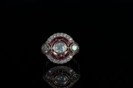 14ct Rose Gold Ruby and Diamond art deco style ring featuring centre, round brilliant cut Diamond (