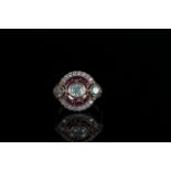 14ct Rose Gold Ruby and Diamond art deco style ring featuring centre, round brilliant cut Diamond (