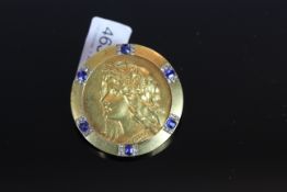 18CT SAPPHIRE AND DIAMOND SET ART NOUVEAU SHIELD BROOCH,total weight 13.9 gms