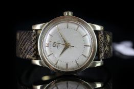 GENTLEMEN'S OMEGA AUTOMATIC BUMPER WRISTWATCH REF. 2577-19, circular silver dial with gold arrow