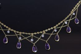 18CT AMETHYST AND DIAMOND NECKLET , total weight 19.15 gms.