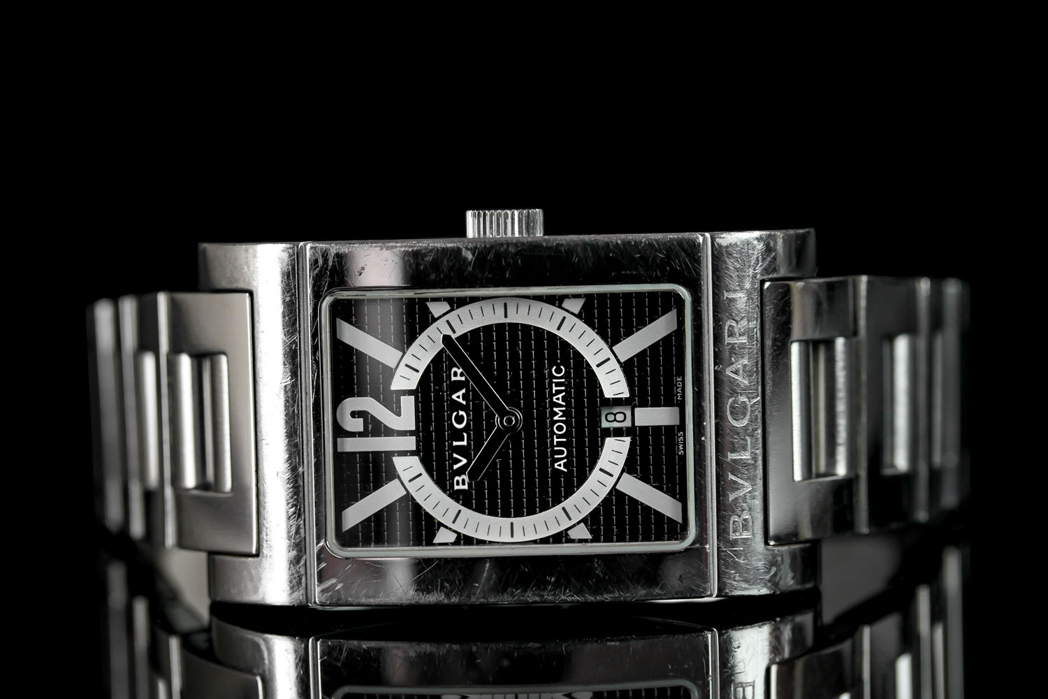 GENTLEMEN'S BVLGARI AUTOMATIC DATE WRISTWATCH W/ PAPERS, rectangular black and silver dial with - Image 5 of 5