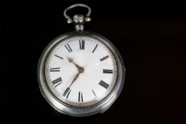 TWO CASE SILVER POCKET WATCH, maker unknown, round, white dial with black hands, black roman numeral