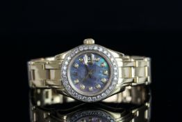 LADIES 18K ROLEX PEARLMASTER, MODEL 80318,SN PO90.... ,round , black mother of pearl dial with