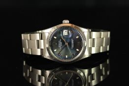 GENTLEMENS ROLEX OYSTER PERPETUAL DATE WRISTWATCH CIRCA 1981 REF. 15000, circular blue and patina