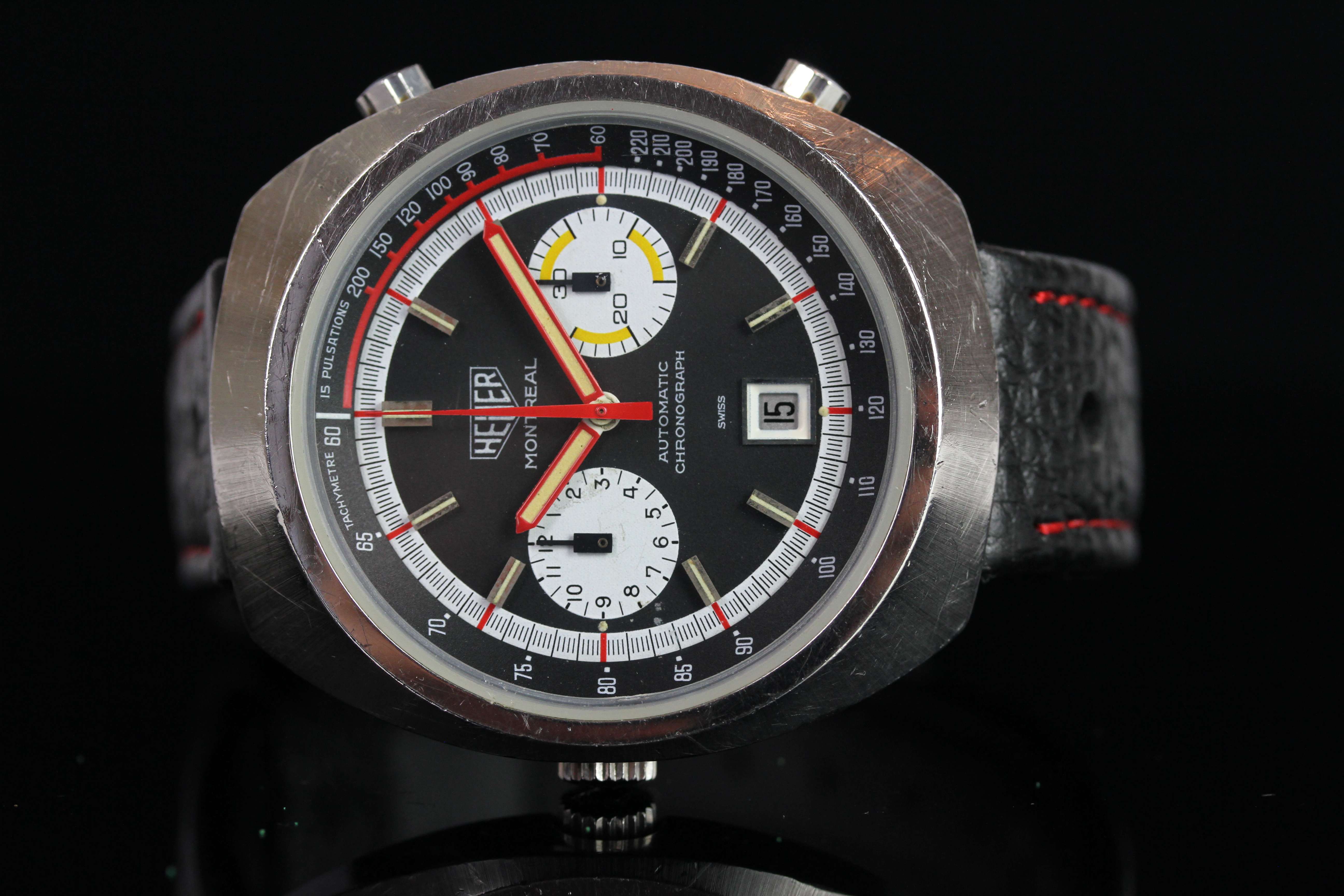 GENTLEMANS TAG HEUER CHRONOGRAPH MONTREAL,round, black dial with illuminated hands,red illuminated