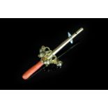 Victorain coral set rattle, rose gold, with whistle and bells, coral end, 13cm long, 30g gross,