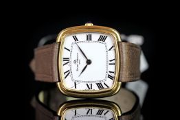 GENTLEMEN'S BAUME AND MERCIER 18K GOLD WRISTWATCH, square white dial with Roman numerals and