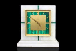 ELSINOR ART DECO STYLE MARBLE DESK CLOCK, gilt dial with Roman numerals, inlaid malachite to dial