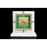 ELSINOR ART DECO STYLE MARBLE DESK CLOCK, gilt dial with Roman numerals, inlaid malachite to dial