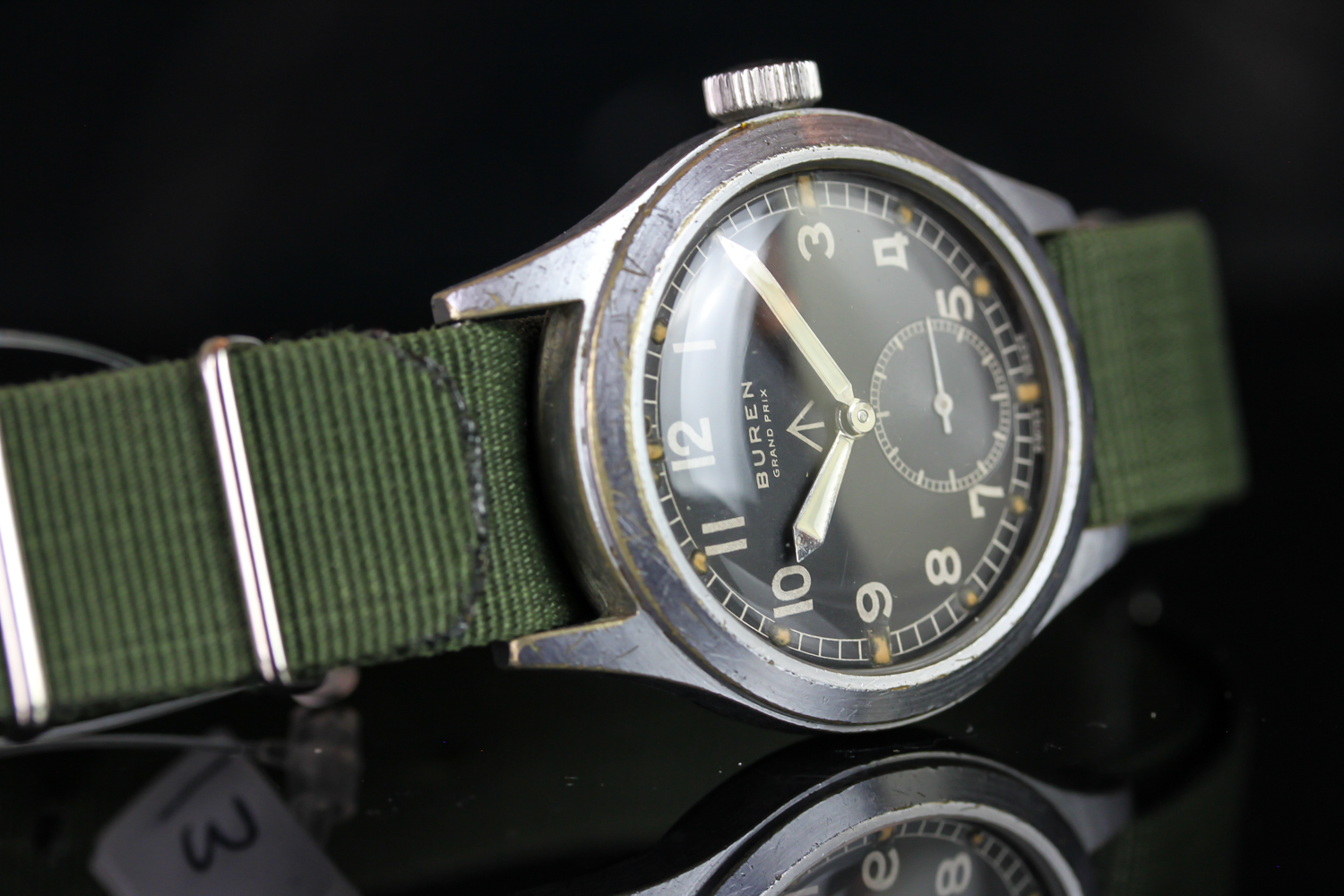 GENTLEMEN'S BUREN GRAND PRIX MILITARY 'W.W.W. CROWS FOOT' WRISTWATCH, circular black dial with - Image 2 of 3