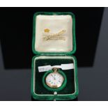 18CT VINTAGE OPEN POCKET WATCH SET WITH FOUR RUBIES,white dial with black hands, black roman numeral