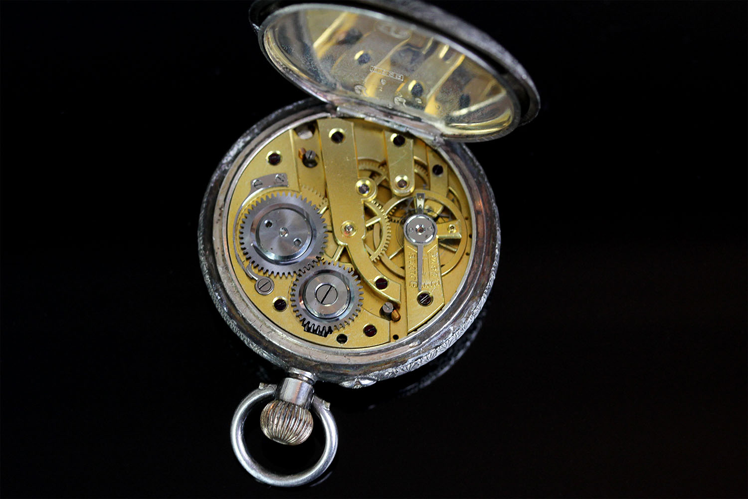 SILVER OPEN POCKET WATCH MADE BY L. MYERS AND CO, SWISS MADE,round, white dial with gold hands, blue - Image 3 of 3