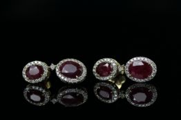 14ct Yellow Gold Ruby and Diamond earrings featuring, 4 oval cut, dark red Rubies (5.38ct TSW), claw