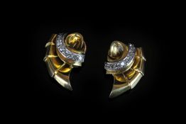 Vintage diamond set shell earrings, shell design with a row of round cut diamonds, post and clip