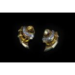 Vintage diamond set shell earrings, shell design with a row of round cut diamonds, post and clip