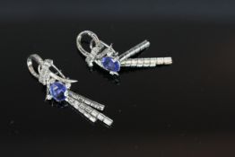 VINTAGE 18CT CEYLON SAPPHIRE AND DIAMOND SPRAY DROP EARRINGS, estimated as 3.00 and 3.29 st centre