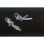 VINTAGE 18CT CEYLON SAPPHIRE AND DIAMOND SPRAY DROP EARRINGS, estimated as 3.00 and 3.29 st centre