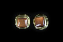 Vaubel, New York designer clip on earrings, 21mm diameter disks, cushion shaped copper cabochon