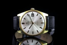 GENTLEMENS OMEGA AUTOMATIC GENEVE DATE WRISTWATCH REF. 166041, circular silver dial with gold and