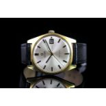 GENTLEMENS OMEGA AUTOMATIC GENEVE DATE WRISTWATCH REF. 166041, circular silver dial with gold and