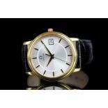 GENTLEMEN'S OMEGA 18CT GOLD DATE WRISTWATCH, circular silver dial with gold baton hour markers and