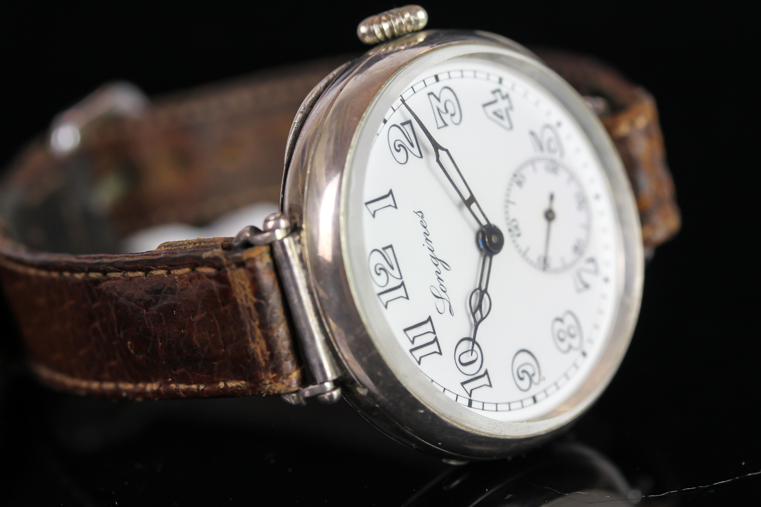 Rare Longines Albino Trench Watch, circular white porcelain dial with white Arabic numerals, - Image 2 of 7