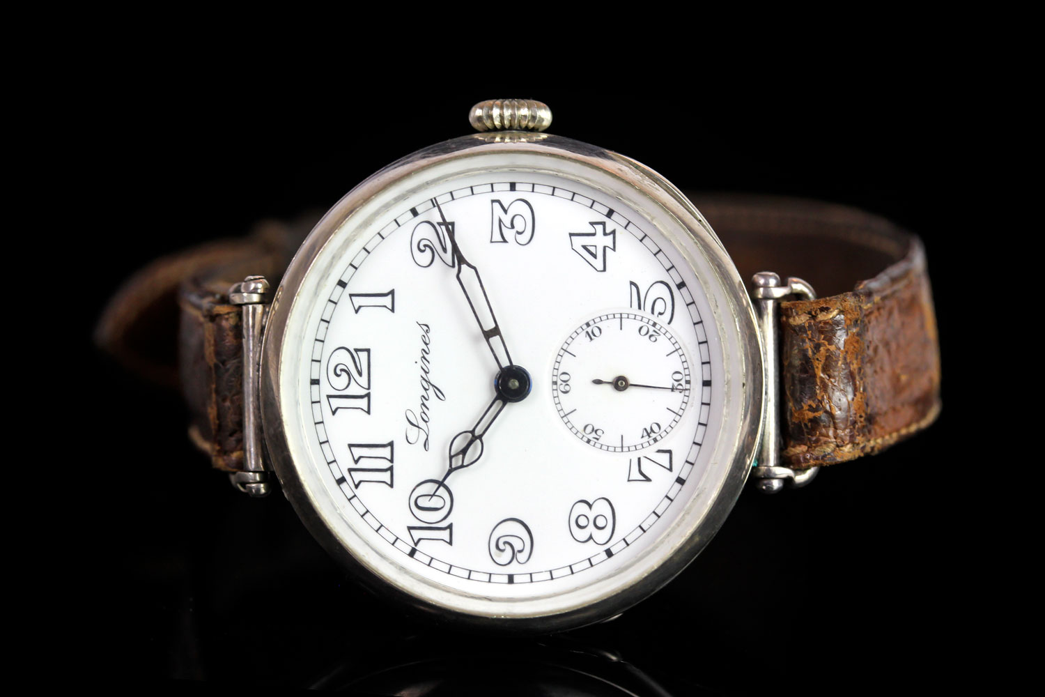 Rare Longines Albino Trench Watch, circular white porcelain dial with white Arabic numerals,