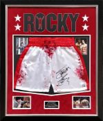 Official licened blood stained Rocky shorts hand signed extremely clear in black marker by