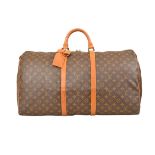 Louis Vuitton Keepall 60 travel bag, iconic monogram design with tan leather detail, W 600 x H 320 x