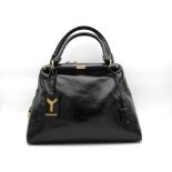 YSL shiny black, calf skin, tote bag, with gold hardware, comes with small padlock and 2 keys, has