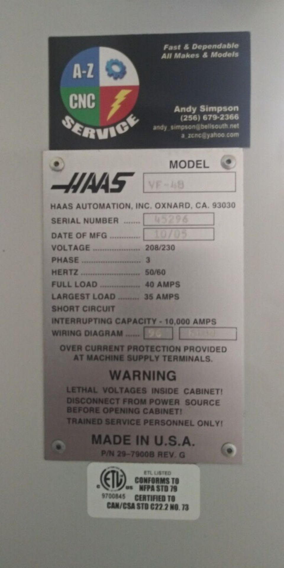 Haas VF4B Vertical Machining Center, VOP-A5-3, 20 HP, 50” x 20” x 25”, 40 Taper, 20 ATC, 52” x 18” - Image 9 of 10