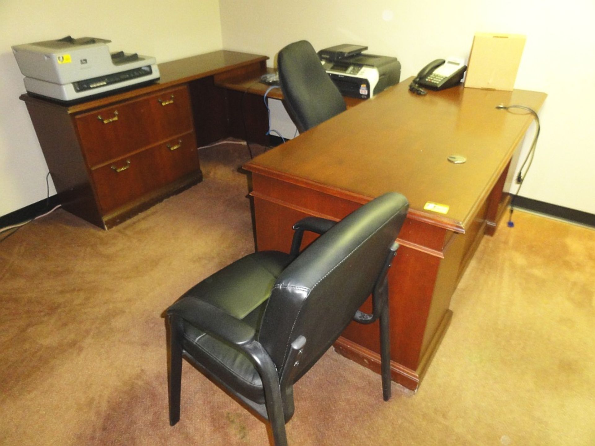 Desk w/ Return, Cradenza, Upholstered Chair, Executive Chair & Bookcase